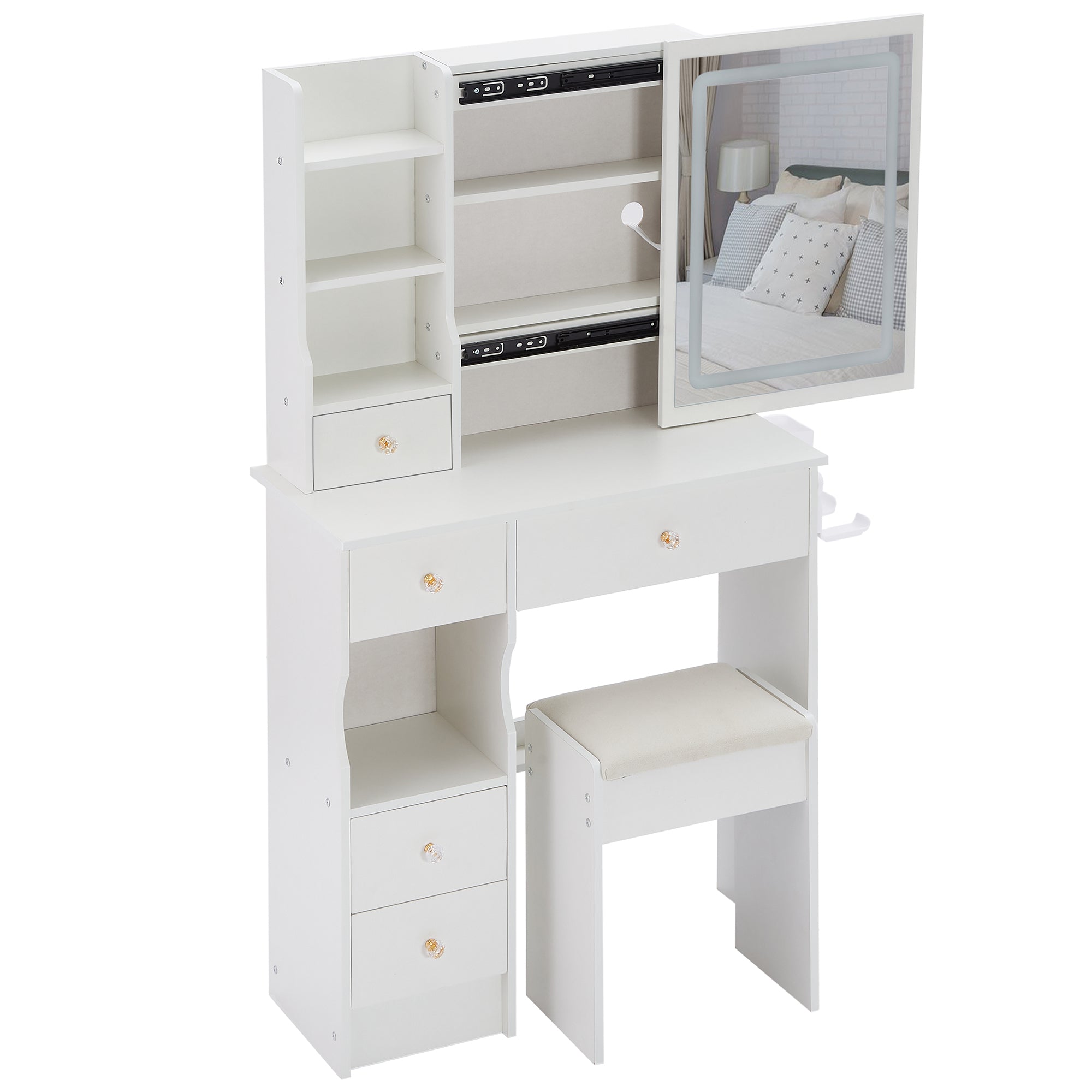 29.2' Small Size Drawer Desktop Vanity Table + Cushioned Stool, 2 AC+2 USB Power Station, Hair dryer bracket, Extra Large Touch Control Sliding LED Mirror, 3-color Switching, EPA, GCC, UL Certificate - Grand Goldman Shop