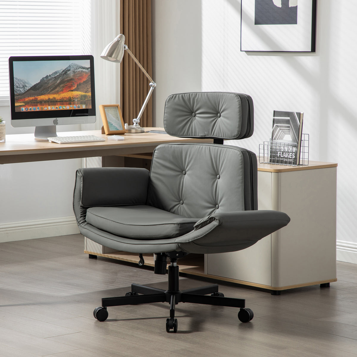Criss Cross Chair with Adjustable Armrests & Wheels & Headrest, PU Lounge Vanity Desk Chair with Wide Seat for Cross-Legged S
