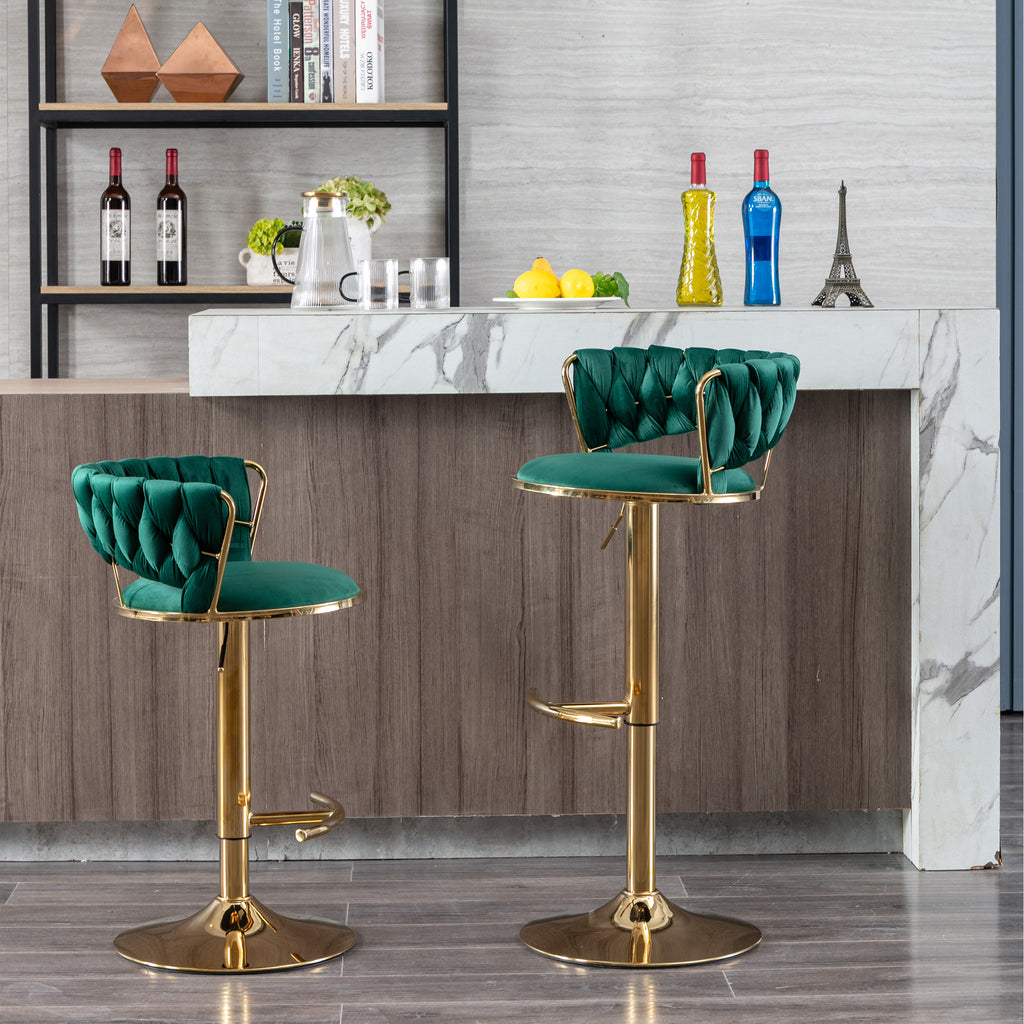 Set of 2  Bar Stools,with Chrome Footrest and Base Swivel Height Adjustable Mechanical Lifting Velvet + Golden Leg Simple Bar Stool-Green - Grand Goldman Shop