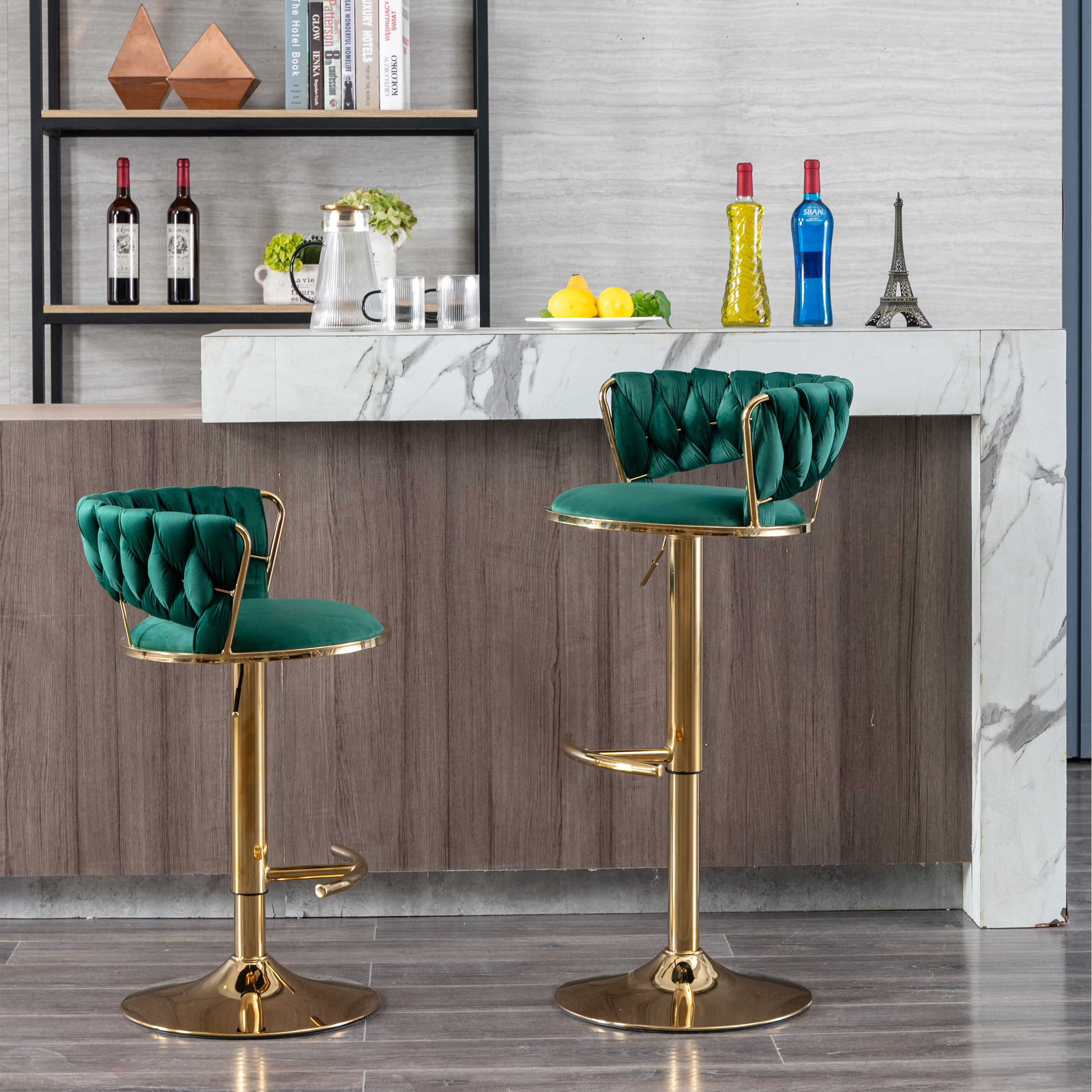 Set of 2  Bar Stools,with Chrome Footrest and Base Swivel Height Adjustable Mechanical Lifting Velvet + Golden Leg Simple Bar Stool-Green - Grand Goldman Shop