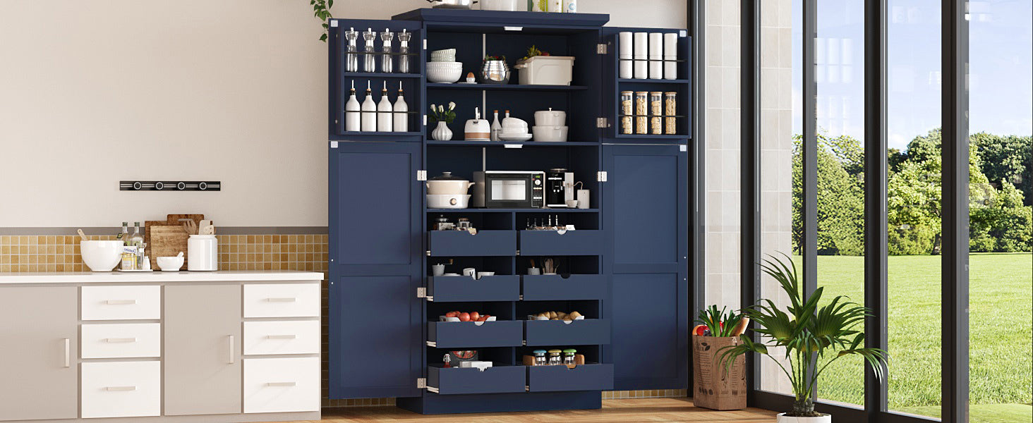 [Assembly Video Provided] TOPMAX 35.5x17.6x70.9inch Freestanding Kitchen Pantry Cabinet, Tall Storage Cabinet with 4 Doors, 2 Door Shelves, 8 Pull-out Trays and Adjustable Shelf for Dining Room, Blue - Grand Goldman Shop