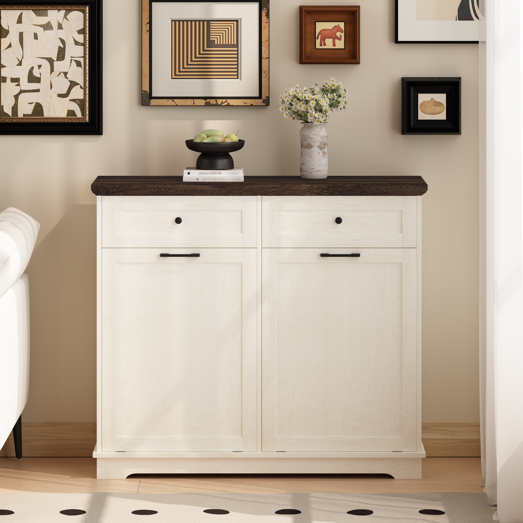 20 Gallon Tilt Out Trash Cabinet Freestanding Trash Bin Cabinet Wood Garbage Recycling Cabinet with Drawer Pet Proof Trash Can Holder for Kitchen Living Room, Antique White (Not include trash can) - Grand Goldman Shop