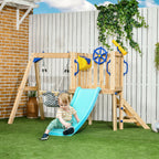 Outsunny 3 in 1 Wooden Swing Set Outdoor Playset with Baby Swing Seat, Toddler Slide, Captain's Wheel, Telescope, Kids Backya