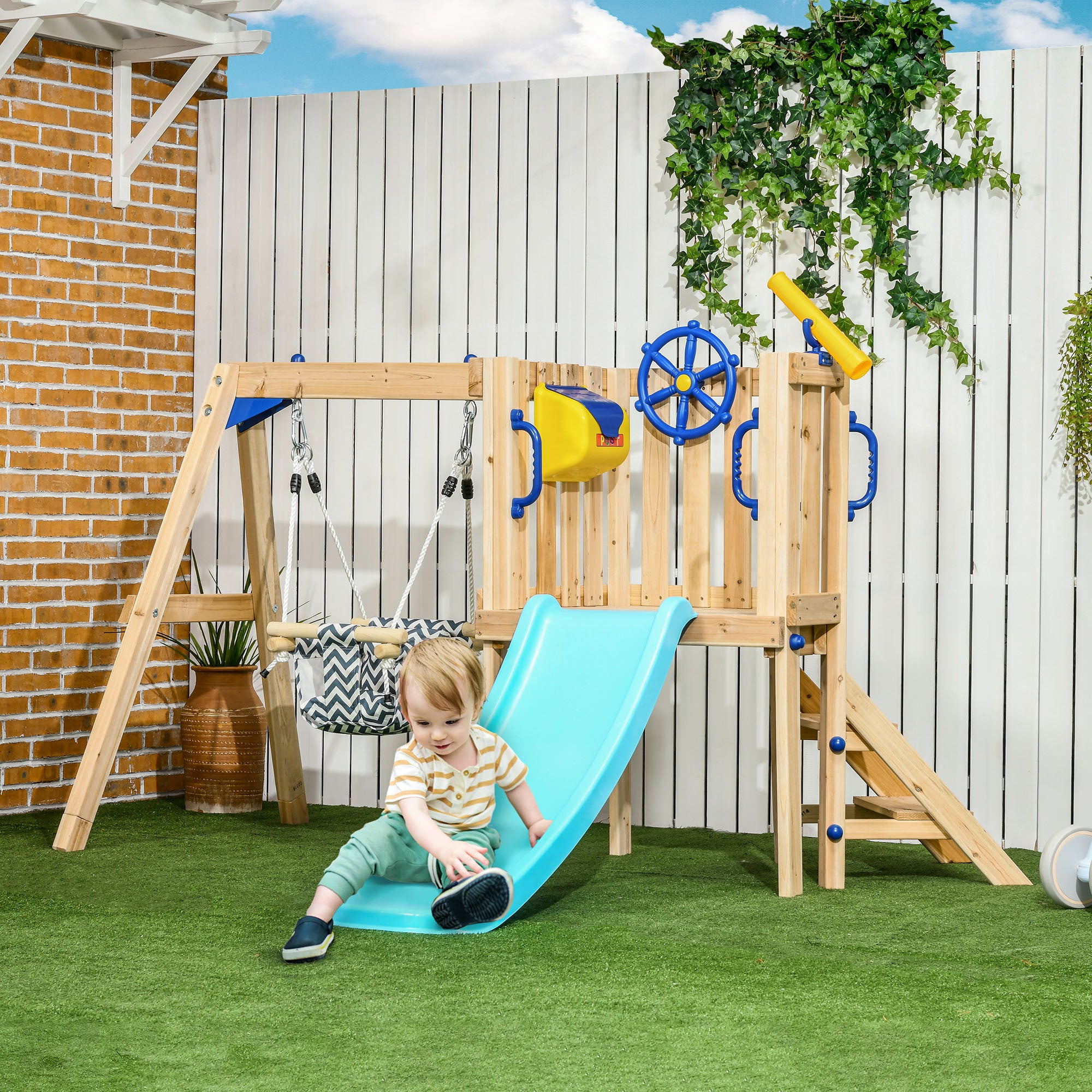 Outsunny 3 in 1 Wooden Swing Set Outdoor Playset with Baby Swing Seat, Toddler Slide, Captain's Wheel, Telescope, Kids Backya