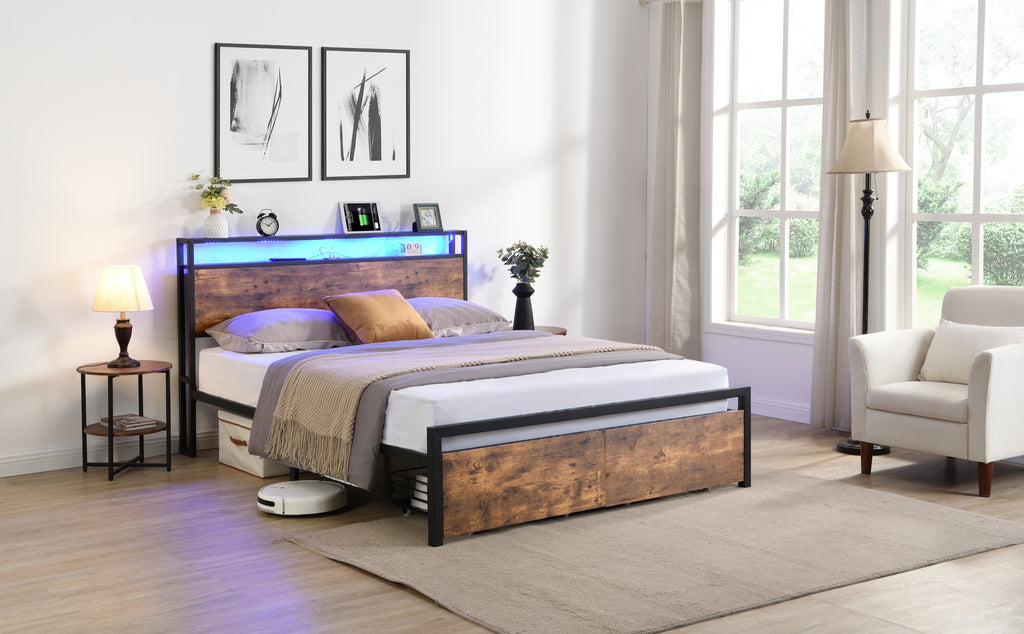 Full Size Bed Frame with Storage Headboard and 2 Drawers, LED Lights Bed with Charging Station, Metal Platform Bed No Noise, Mattress Foundation Strong Metal Slats Support No Box Spring Needed - Grand Goldman Shop