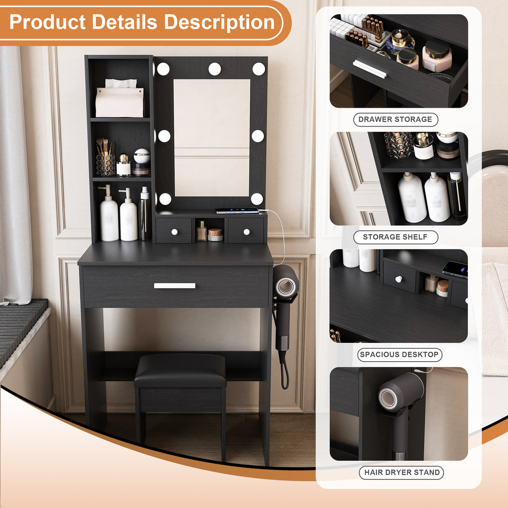 Black Vanity Table with Adjustable LED Mirror, Power Outlet, Hairdryer Holder & Matching Stool – Compact Dressing Desk for Small Bedrooms - Grand Goldman Shop