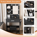Black Vanity Table with Adjustable LED Mirror, Power Outlet, Hairdryer Holder & Matching Stool – Compact Dressing Desk for Small Bedrooms - Grand Goldman Shop