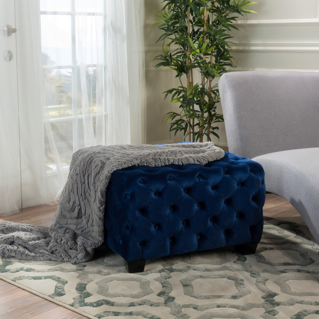 Modern Glam Ottoman with Velvet Upholstery and Button-Tufted Design in Navy Blue, 29 x 29 x 18.25 inches - Grand Goldman Shop