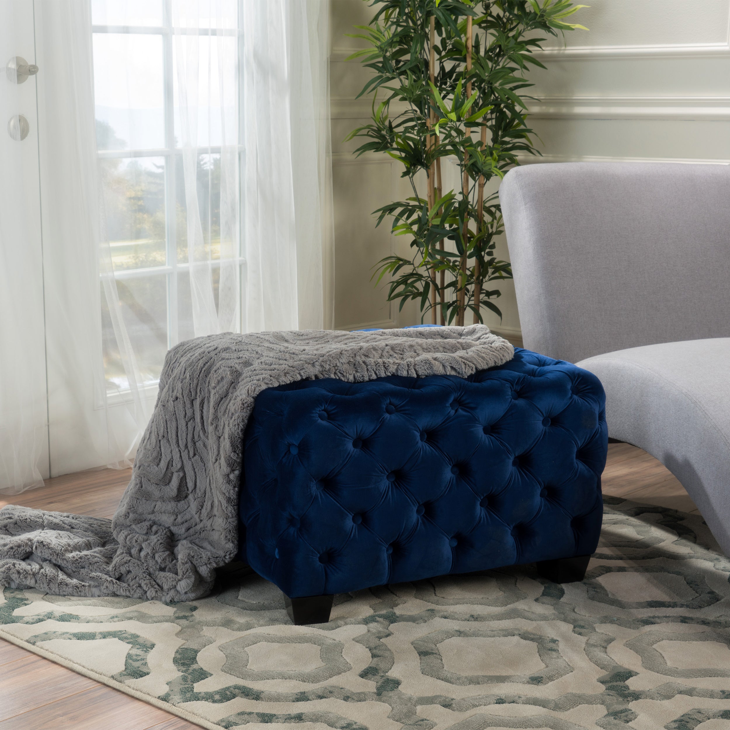 Modern Glam Ottoman with Velvet Upholstery and Button-Tufted Design in Navy Blue, 29 x 29 x 18.25 inches - Grand Goldman Shop
