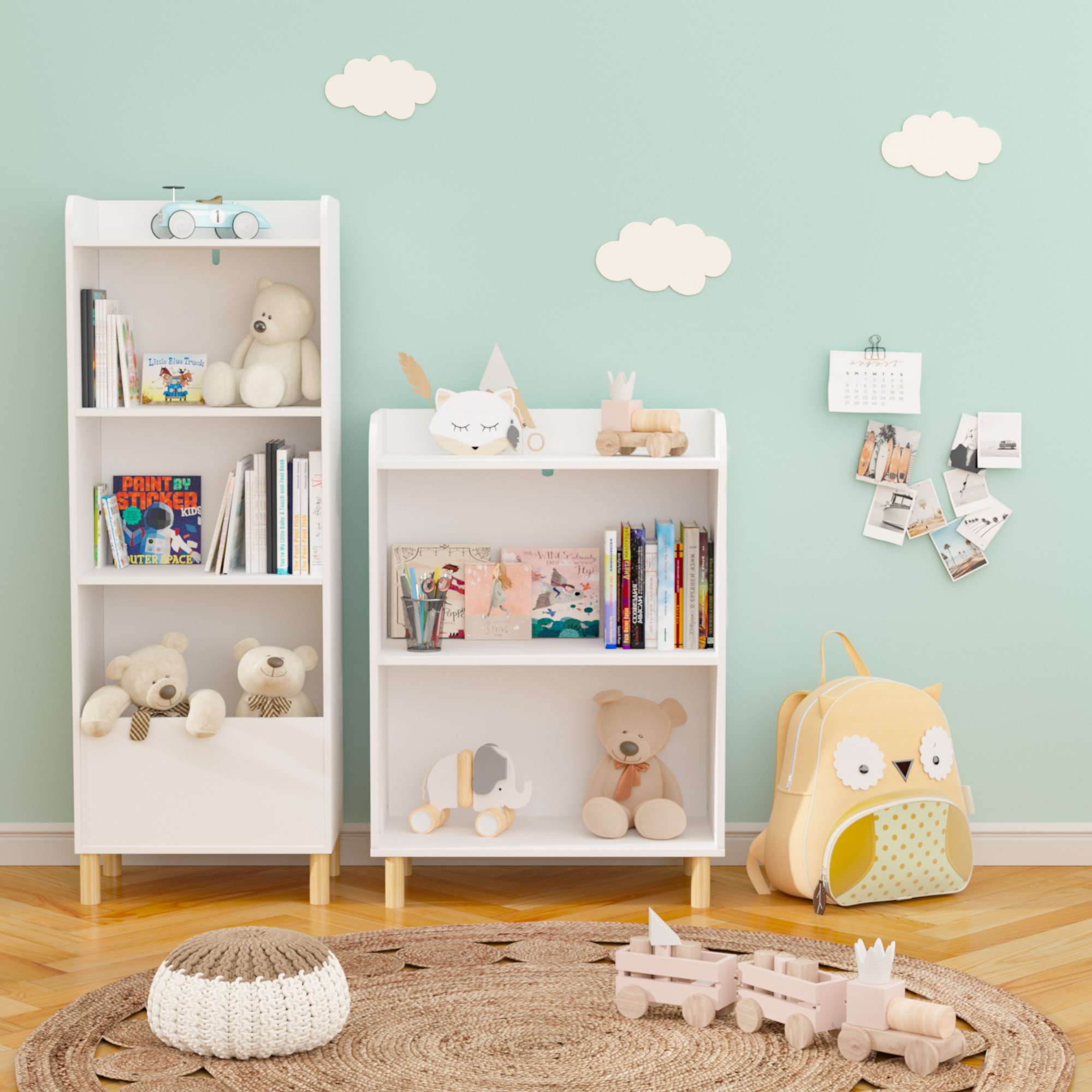 Kids 4-Tier Bookcase, Children's Book Display with Safety Restraint, White MDF & Pine Wood Storage Cabinet for Nursery, Playr