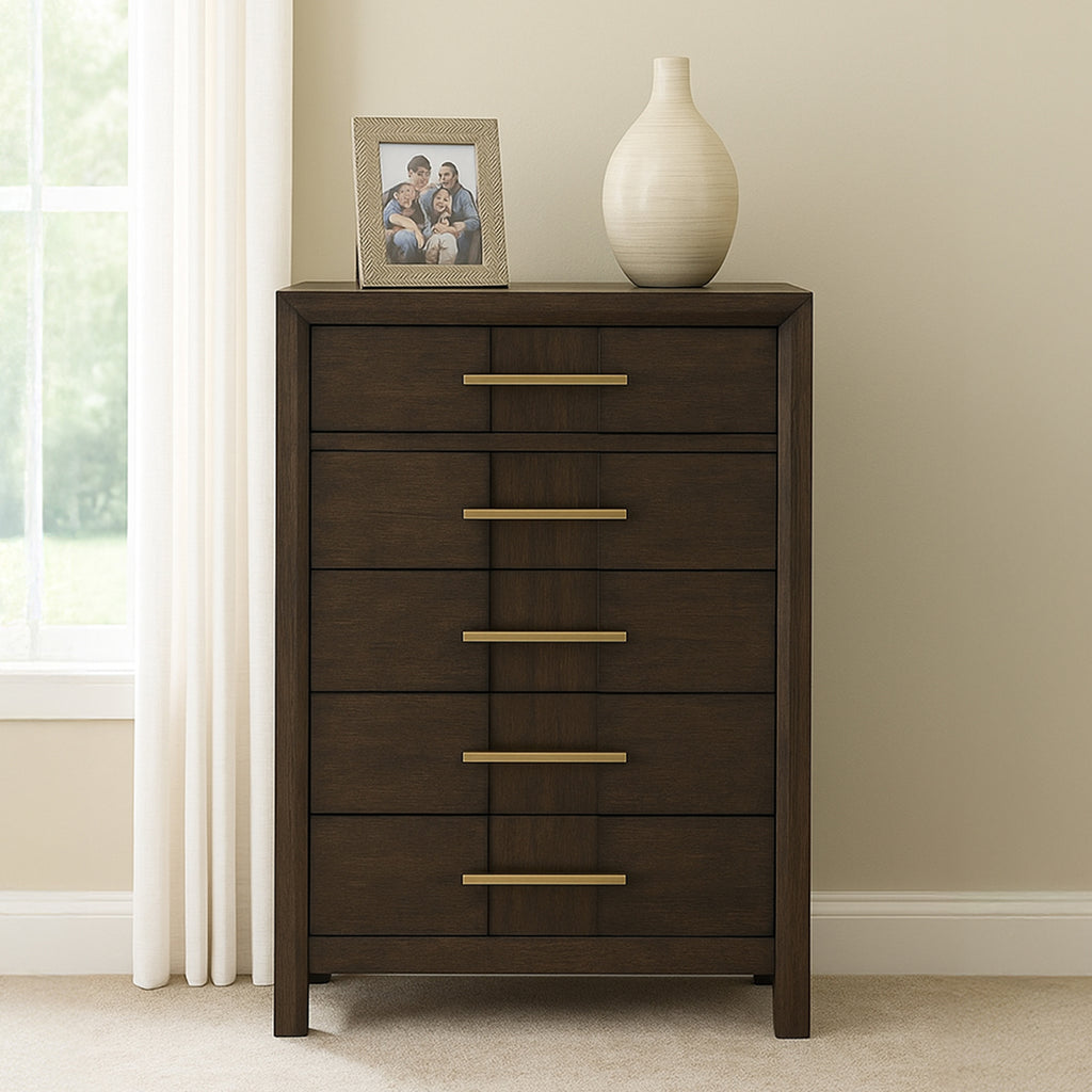 KENZO Modern King 5-Piece Storage Bedroom Set in Walnut Finish with LED Headboard, Bluetooth Speakers, USB Ports, Dresser, Mirror, Nightstand and Chest - Grand Goldman Shop