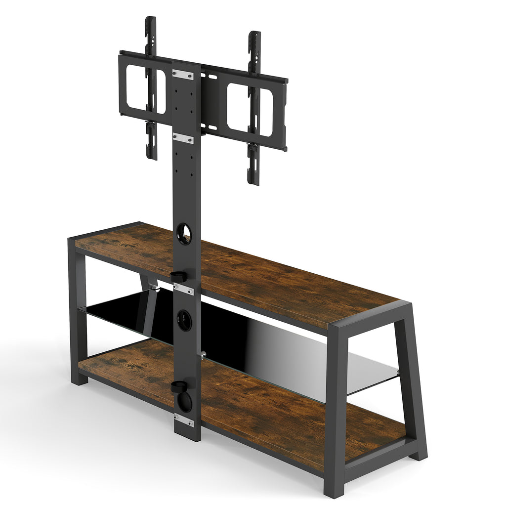 Wooden Storage TV Stand Black Tempered Glass Height Adjustable Universal Swivel Entertainment Center With Mount TV Stand, Rustic Browm - Grand Goldman Shop