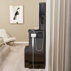 29.2' Small Size Left Bedside Cabinet Vanity Table + Cushioned Stool, 2 AC+2 USB Power Station, Hair dryer bracket, Extra Large Touch Control Sliding LED Mirror, Tri-color Switching, Brightness Adjust - Grand Goldman Shop