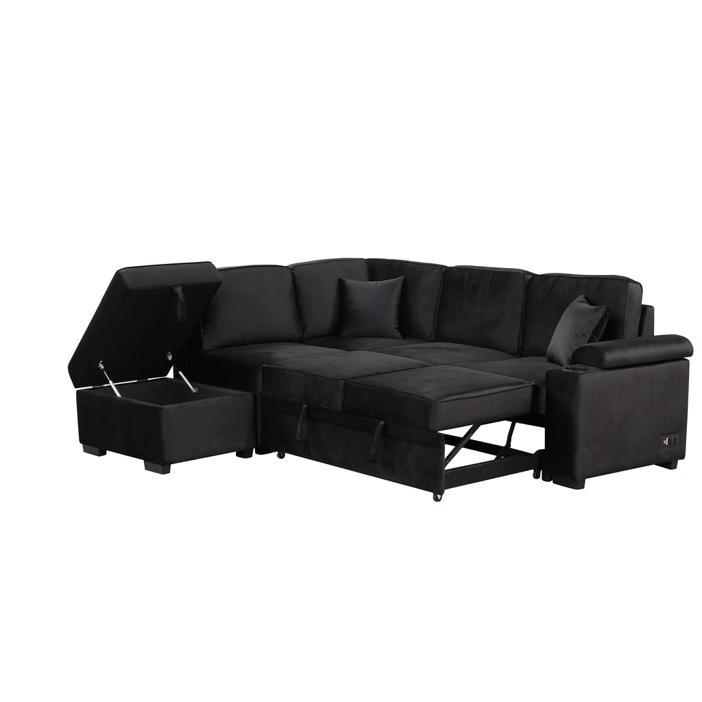 Modern Velvet Sleeper Sofa Bed with Storage Ottoman, Black, 84.75' L Shape - Grand Goldman Shop