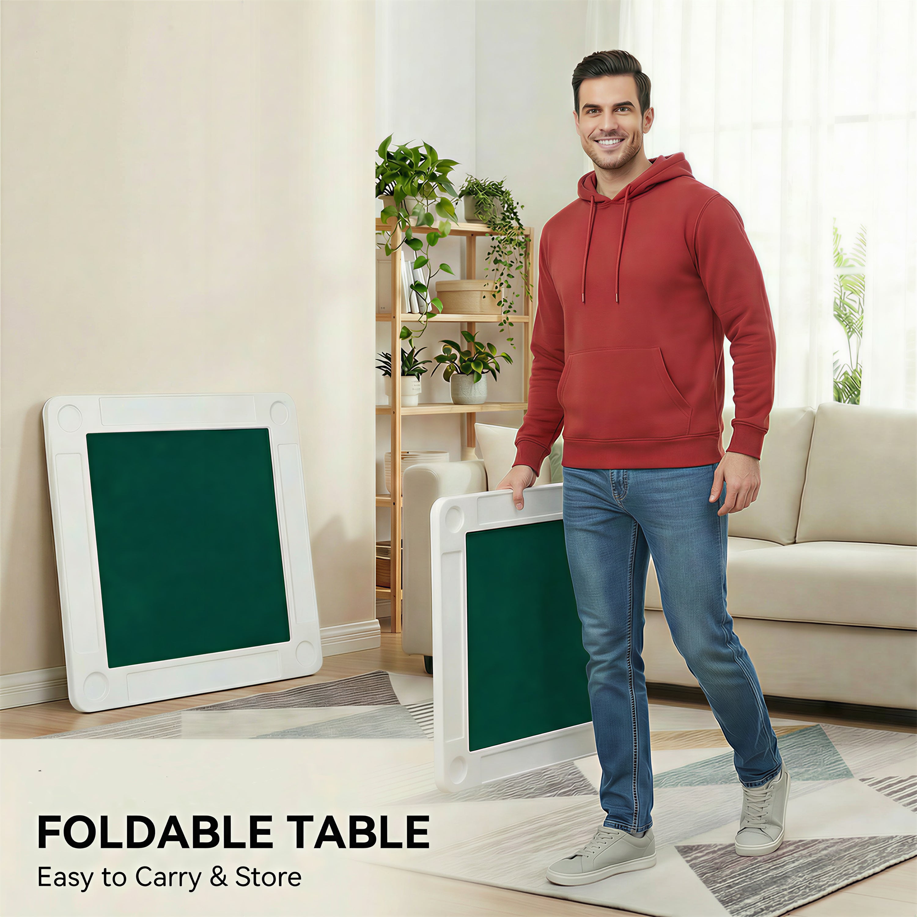 Square Folding Card Table, Mahjong Table with Green Felt,Chip Trays and Cup Holders, Portable Domino Tables for 4 Players, Ca