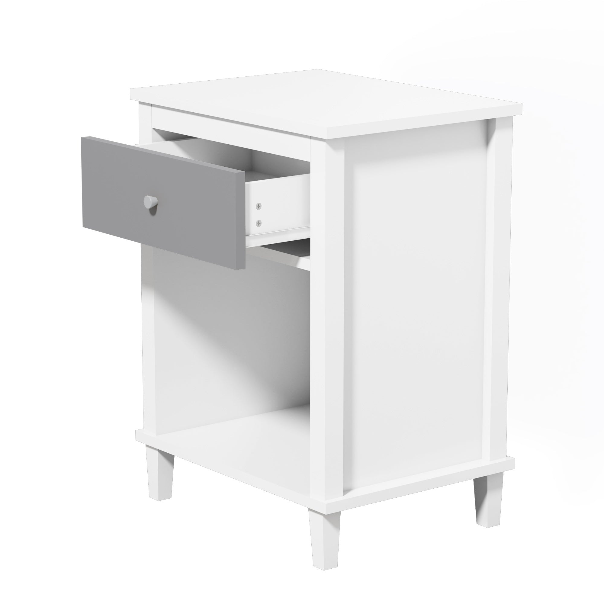 Gray+Silver Handle Wooden Nightstand 26.77''H with One Drawer One Shelf for Kids and Adults, White+Gray Finish MDF - Grand Goldman Shop