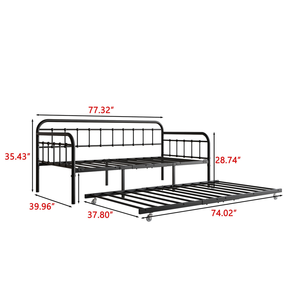Twin Size Metal Daybed Frame with Trundle, Heavy Duty Steel Slat Support Sofa Bed Platform with Headboard, No Box Spring Needed, Black - Grand Goldman Shop