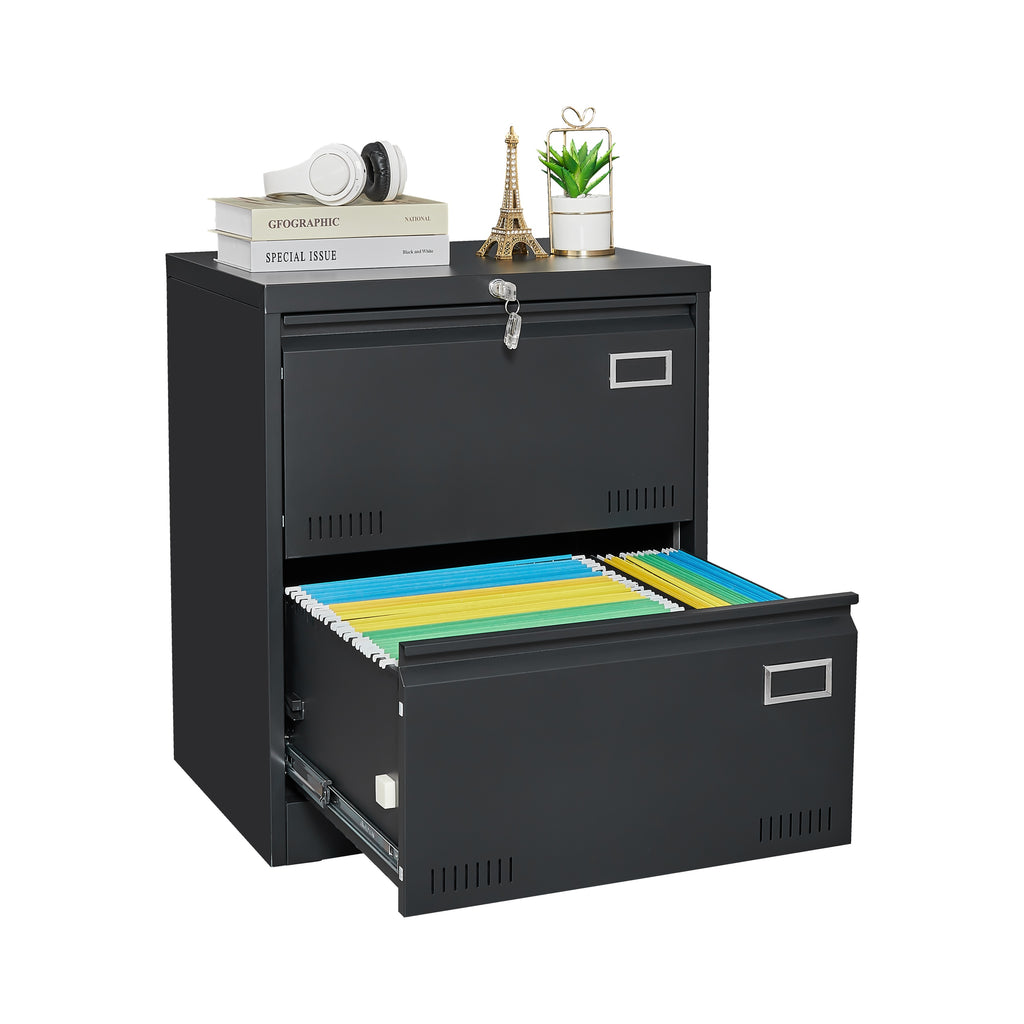 Modern Black Metal 2 Drawer Lateral File Cabinet with Lock for Home Office Use - Grand Goldman