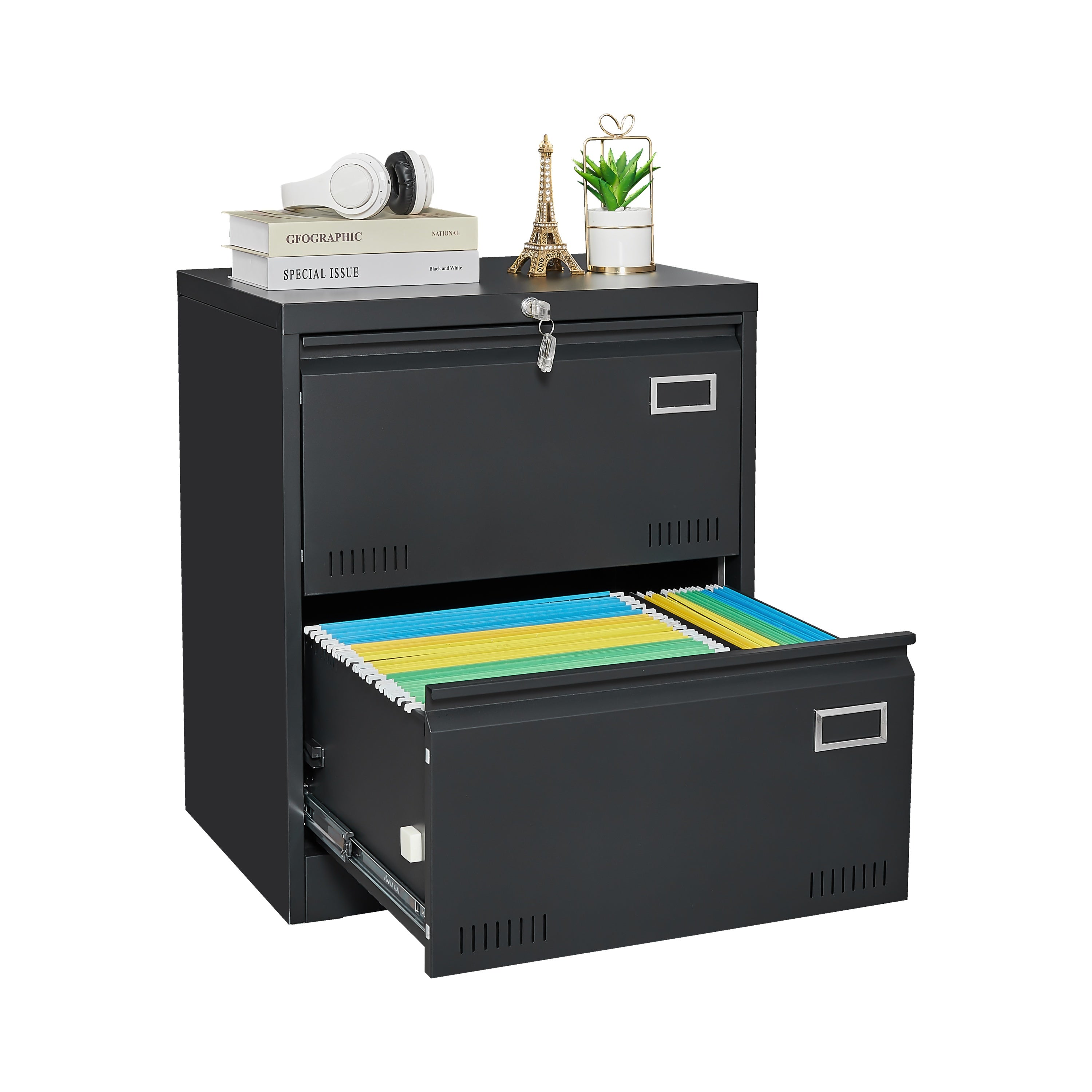 Modern Black Metal 2 Drawer Lateral File Cabinet with Lock for Home Office Use - Grand Goldman