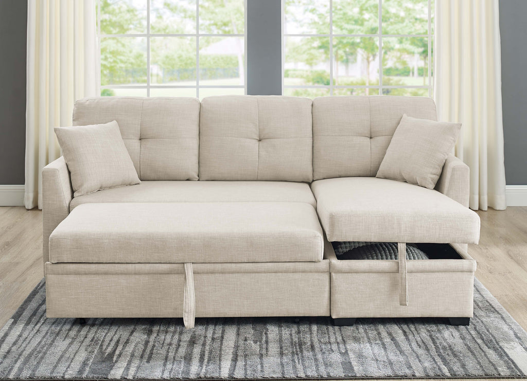 76.5' Linen Blend Upholstered Sectional with Pull-Out Bed and Chaise Storage - Grand Goldman Shop
