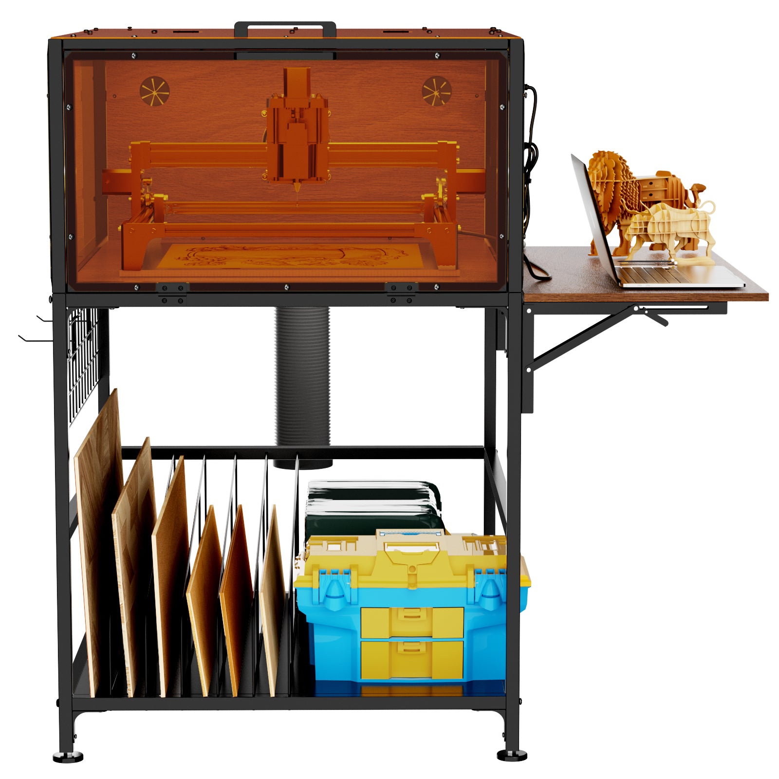 Laser Engraver Enclosure Cabinet with Exhaust Fan 6000RPM for Most Laser Cutter, Storage & Foldable Side Panel, Metal Laser E