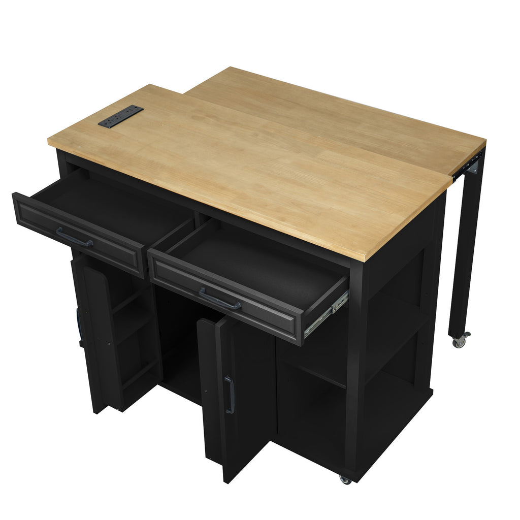K&K 47 inch Kitchen Island with Extendable Dining Table, Rubber Wood Veneer Kitchen Table with Internal Storage Rack, Power Outlet, Kitchen island with Storage 2 Drawers 2 Cabinet, Black - Grand Goldman Shop