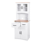 Wooden Kitchen Cabinet White Pantry Room Storage Microwave Cabinet with Framed Glass Doors and Drawer - Grand Goldman Shop