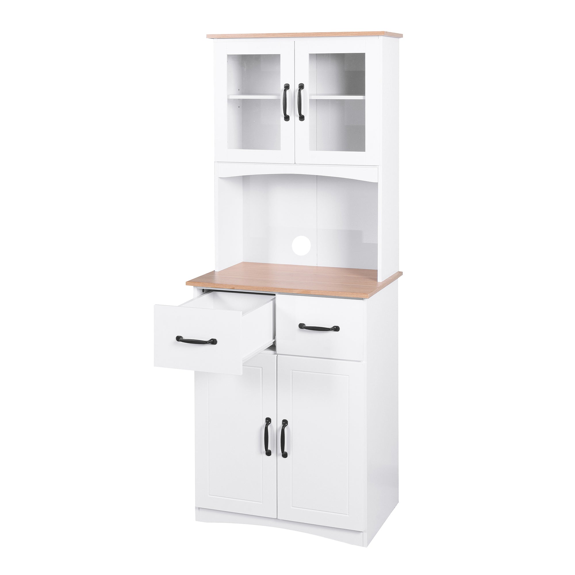 Wooden Kitchen Cabinet White Pantry Room Storage Microwave Cabinet with Framed Glass Doors and Drawer - Grand Goldman Shop