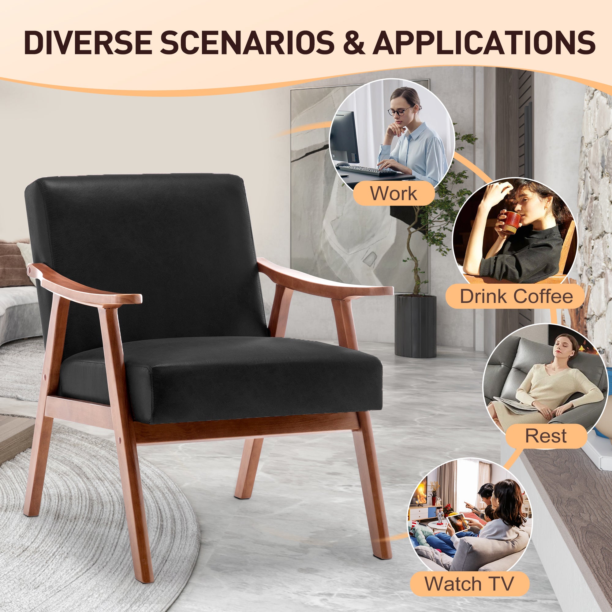 Mid-Century Modern Wingback Accent Chair with Solid Wood Frame and Extra-Thick Backrest – Lounge Chair for Living Room, Bedroom, or Reading Room - Grand Goldman Shop