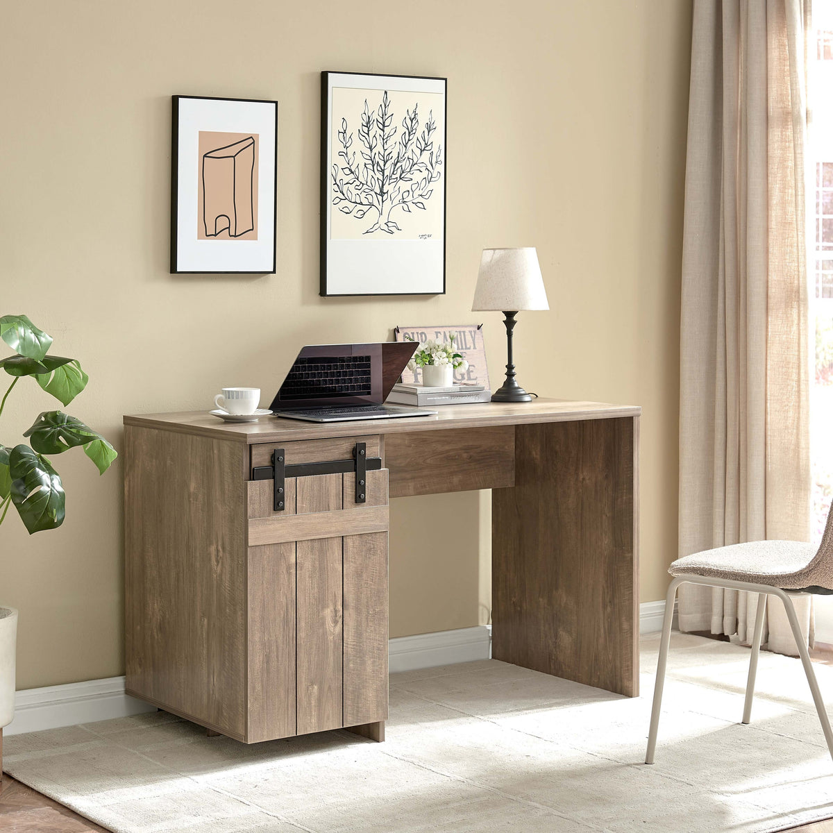 Home Office Desk Hazelnut One Cabinet Three Shelves Faux Barn Door on Metal Euro Hinges Modesty Panel - Grand Goldman