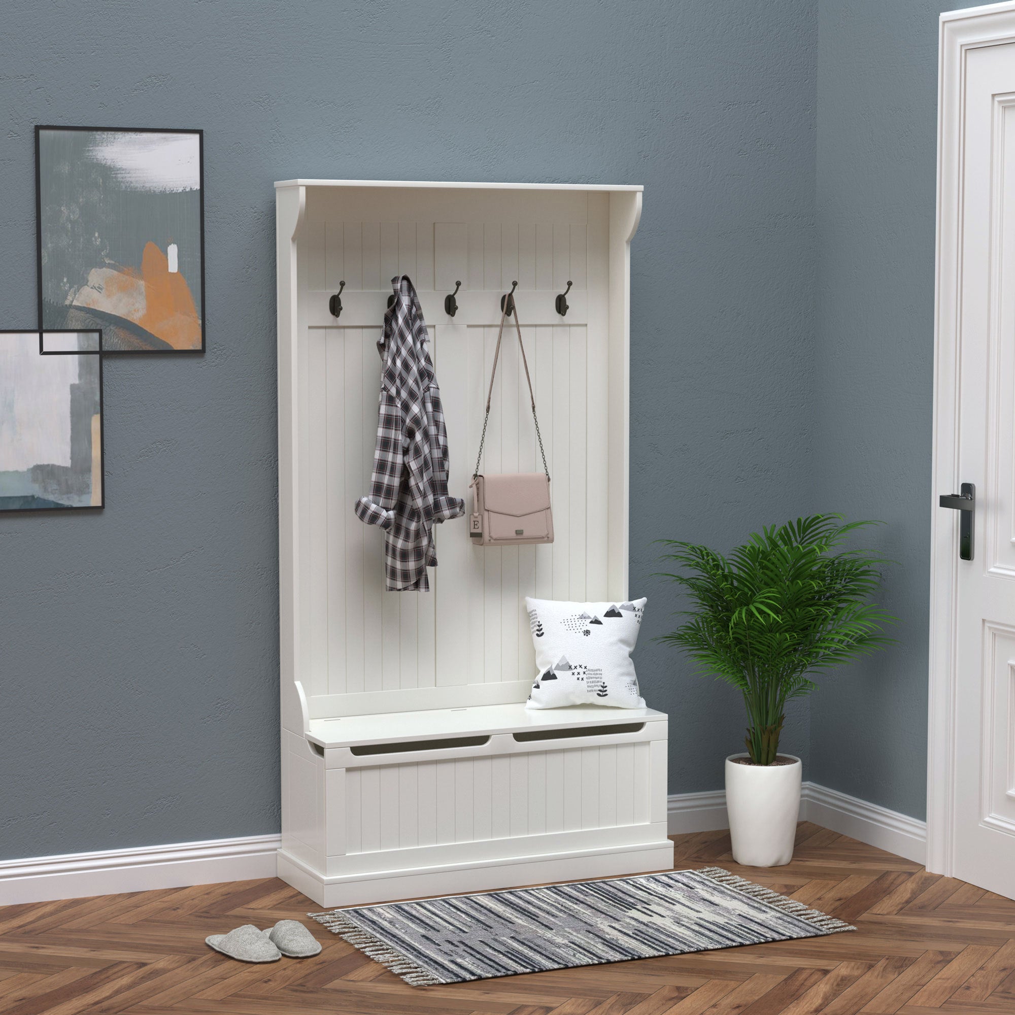 HOMCOM 38' 3-In-1 Entryway Hall Tree with Storage Bench, Coat Rack with Four Hooks and Shoe Storage, White - Grand Goldman Shop