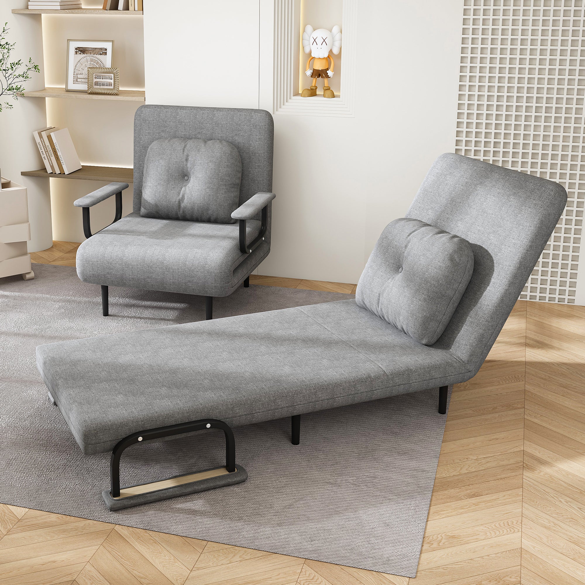 Folding Sofa Bed 5-in-1 Convertible Chair with Adjustable Backrest and Pillow, Grey Flannelette, Compact Design - Grand Goldman Shop