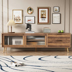 Modern Walnut TV Stand for 75+ TV, 70' Media Console with 2 Glass Doors, 2 Drawers & Storage Cabinet, MDF and Solid Wood Construction - Grand Goldman Shop