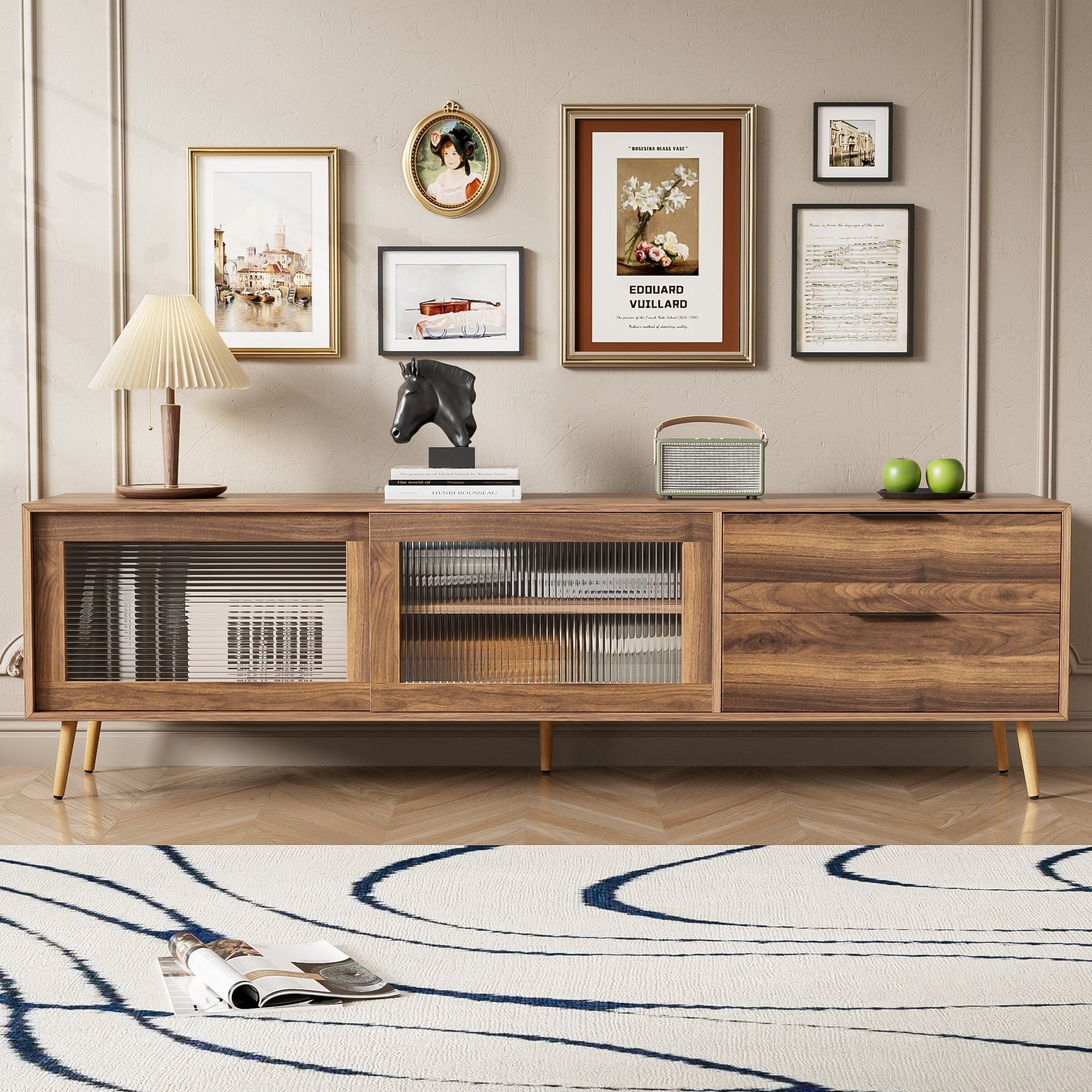 Modern Walnut TV Stand for 75+ TV, 70' Media Console with 2 Glass Doors, 2 Drawers & Storage Cabinet, MDF and Solid Wood Construction - Grand Goldman Shop