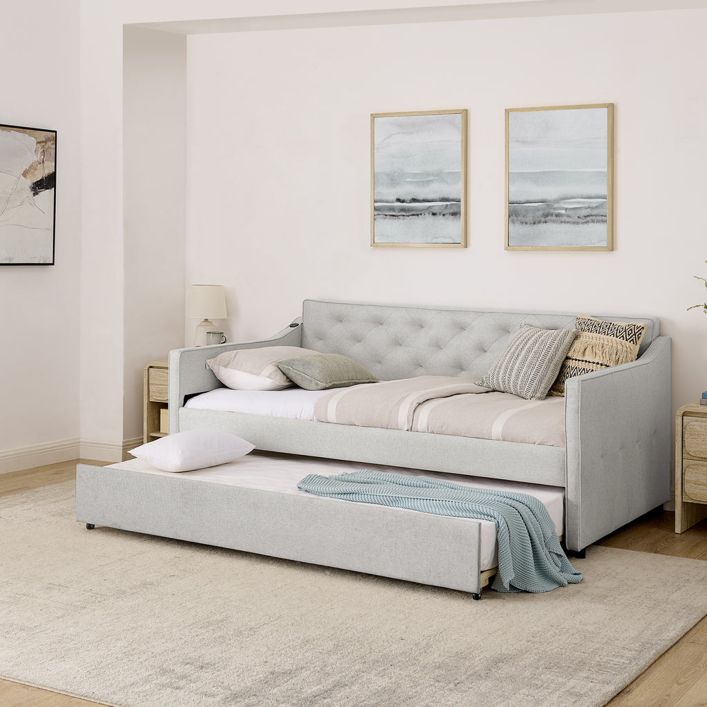 Beige Linen Upholstered Twin Daybed with Pop-up Trundle and USB Charging Armrest - Grand Goldman Shop