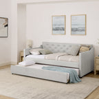 Beige Linen Upholstered Twin Daybed with Pop-up Trundle and USB Charging Armrest - Grand Goldman Shop
