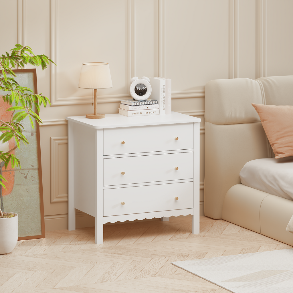 White 3 Drawer Dresser for Bedroom, Modern MDF Painted Chest of Drawers with Gold Knobs, Wooden Storage Cabinet for Kids, Nur
