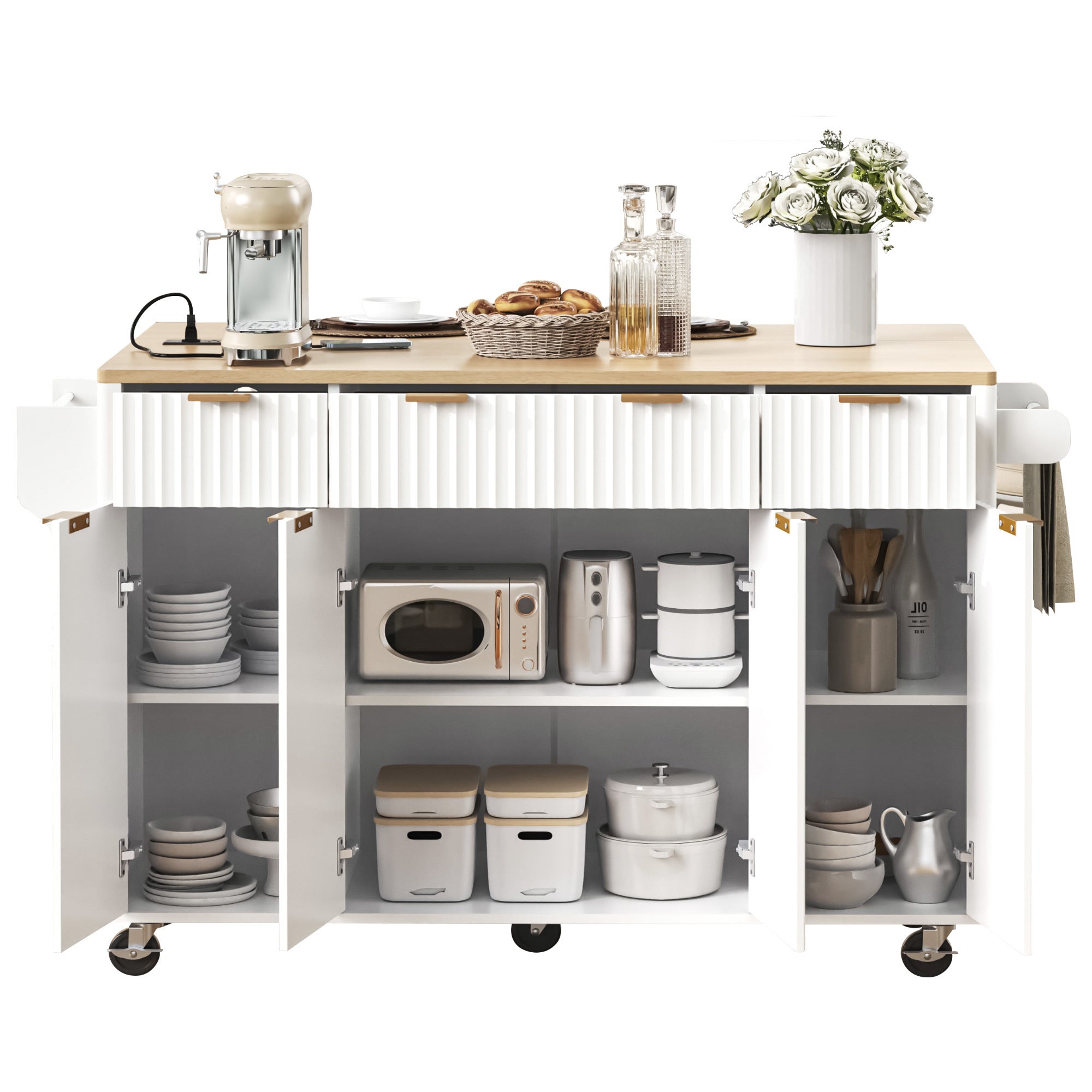 K&K Fluted Kitchen Island with Storage, 55.5' Kitchen Island with Drop Leaf, Power Outlet, 4 Doors and 3 Drawers, Rolling Island Table with Wood-grain Top, Curved Edge for Kitchen,Dining Room White - Grand Goldman Shop