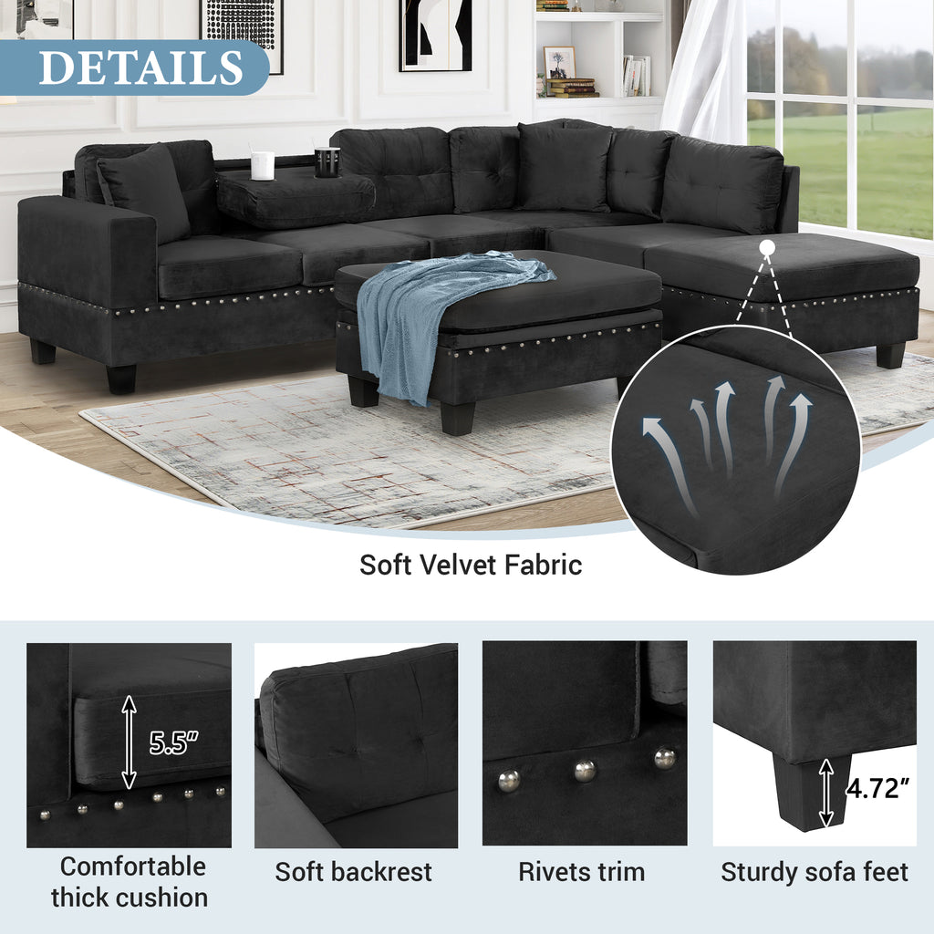 Modern Sectional Sofa with Storage Ottoman, L-Shape Couch with 2 Pillows and Cup Holders, Black Velvet, 105' - Grand Goldman Shop
