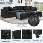 Modern Sectional Sofa with Storage Ottoman, L-Shape Couch with 2 Pillows and Cup Holders, Black Velvet, 105' - Grand Goldman Shop