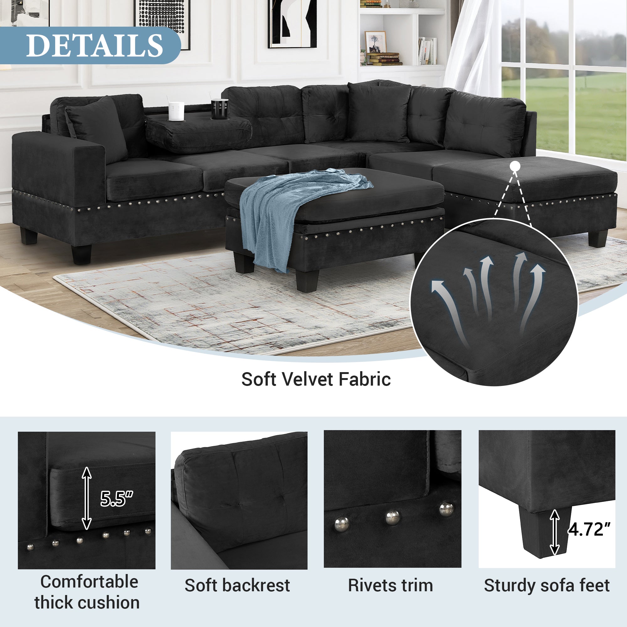 Modern Sectional Sofa with Storage Ottoman, L-Shape Couch with 2 Pillows and Cup Holders, Black Velvet, 105' - Grand Goldman Shop