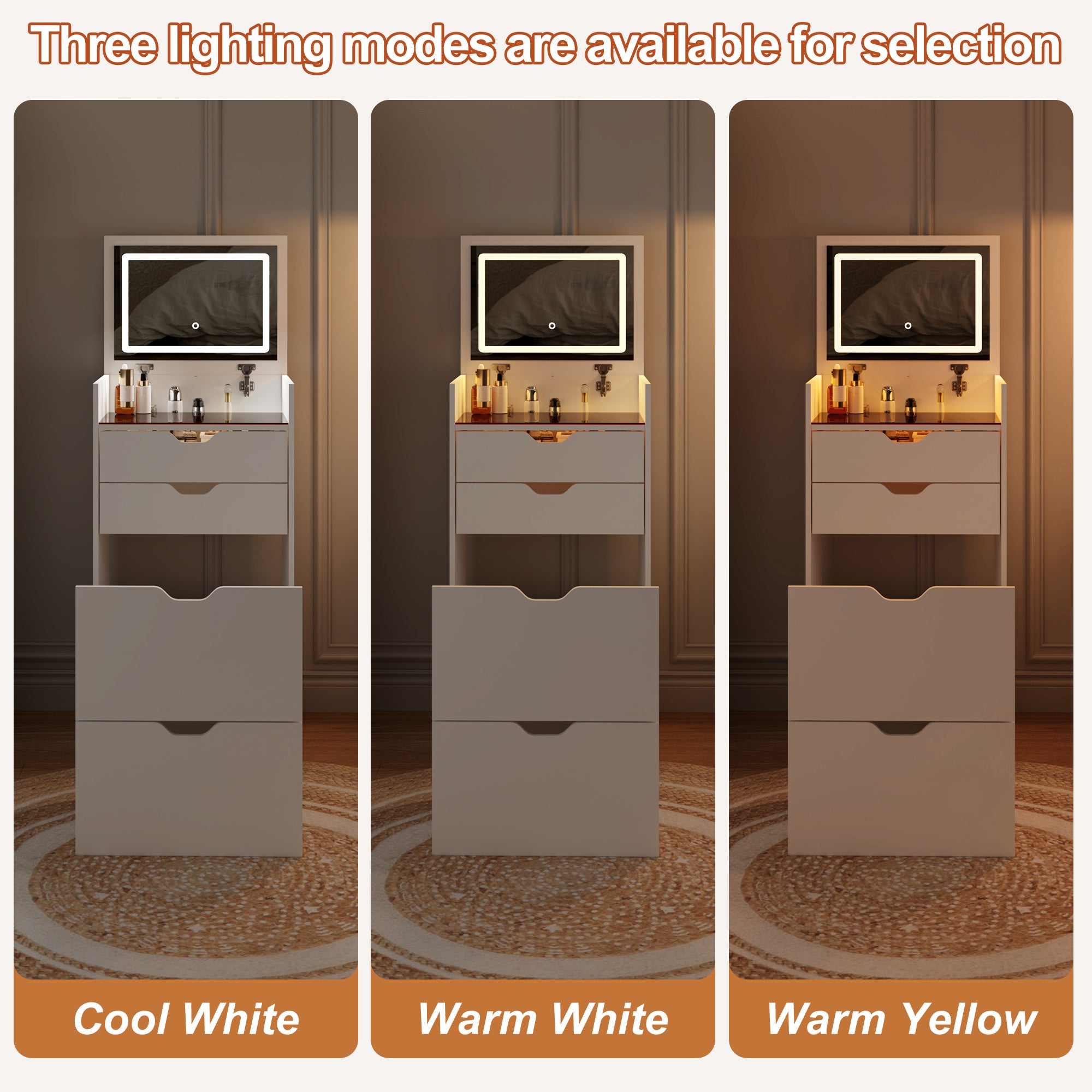 Dressing Table and Stool, 3-in-1 Multifunctional Dressing Table Set, Featuring Three-color Lighting Modes, HD Mirror, Two Sliding Drawers, and a Hidden Storage Stool - Grand Goldman Shop