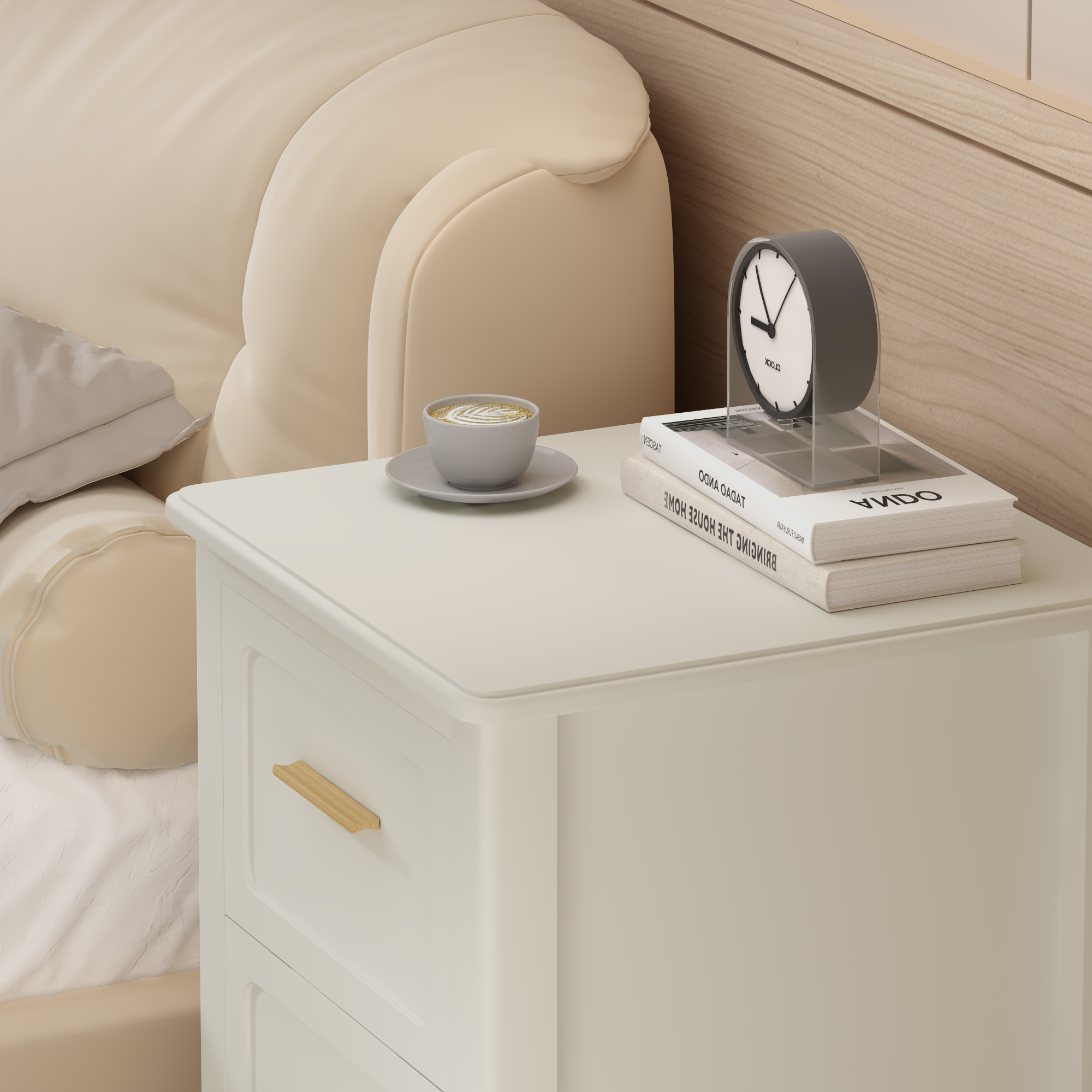 Modern  Nightstand with 2 Drawers, Bedroom Bedside Table with Gold Handles, Sturdy Wood Accent Table for Small Spaces, Living Room, Kids Room & Guest Room-Off White - Grand Goldman Shop