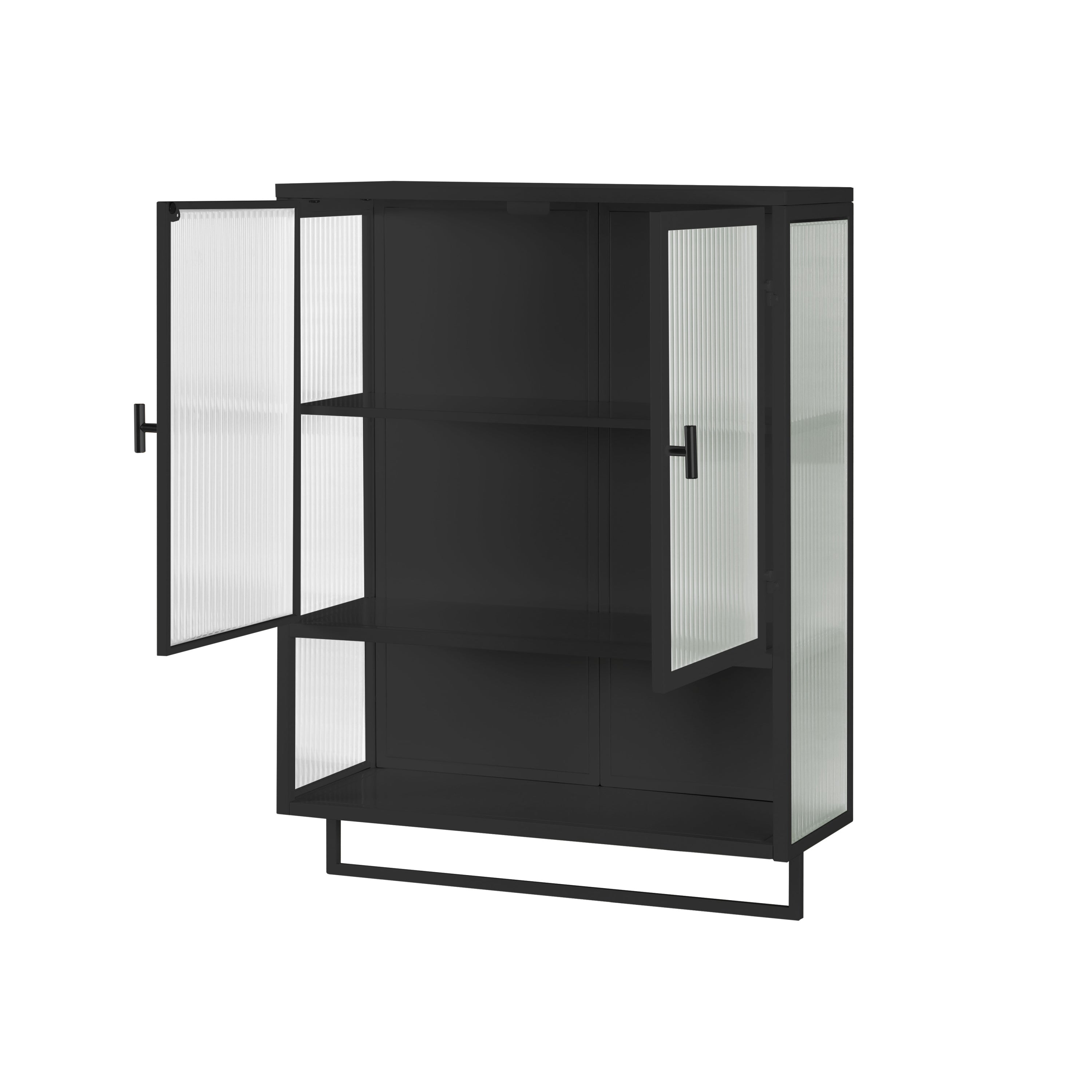 23.62'Glass Doors Modern Two-door Wall Cabinet with Featuring Two-tier Enclosed Storage, an Open Shelf, and Towel Rack, for Entryway Living Room Bathroom Dining Room,Black - Grand Goldman Shop