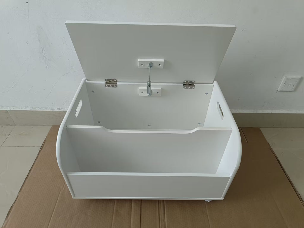 White Wooden Toy Box with 4 Universal Wheels, Kids Playroom Storage Organizer with Front Bookshelf, Flip-Top Lid, Safety Hing