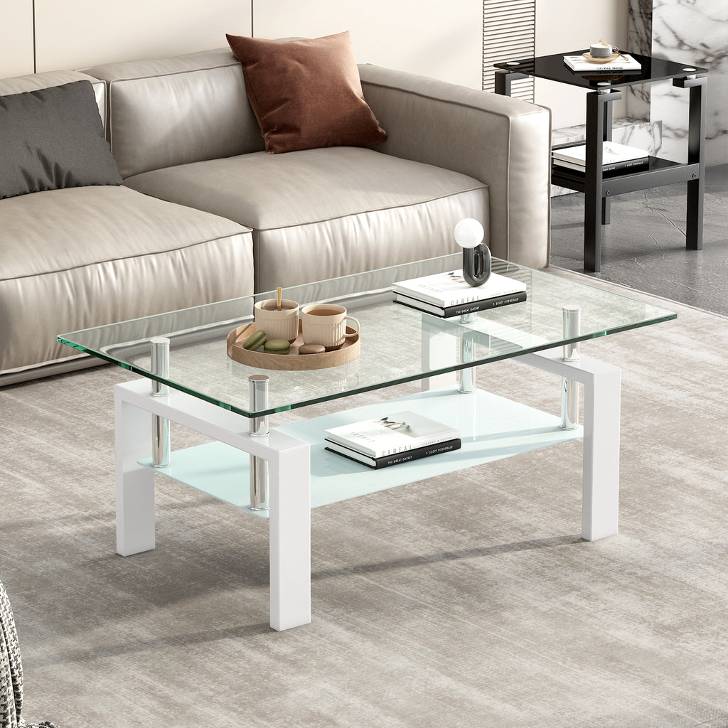 Luxury Modern Tempered Clear Glass Coffee Table with 2-Layers and Solid MDF Frame for Living Room - Grand Goldman Shop