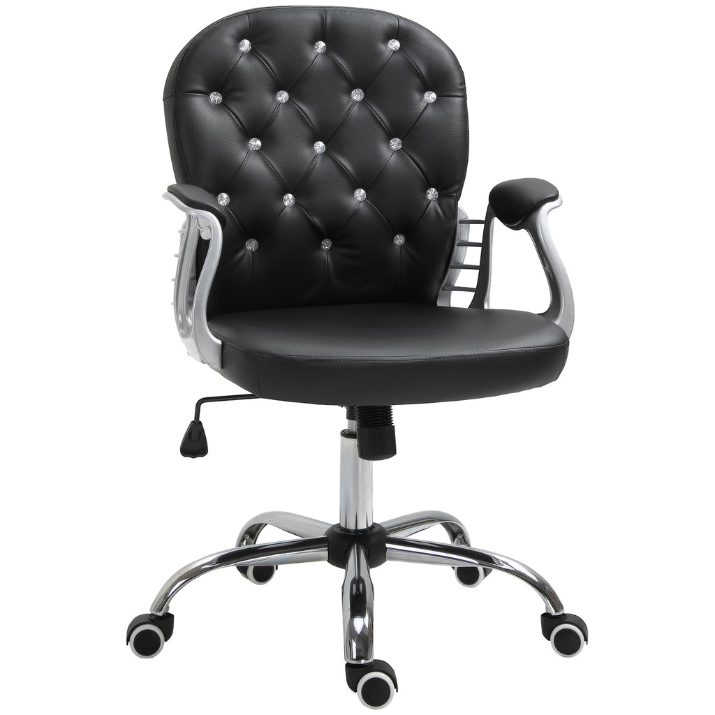 Vinsetto PU Leather Home Office Chair, Button Tufted Desk Chair with Padded Armrests, Adjustable Height and Swivel Wheels, Bl