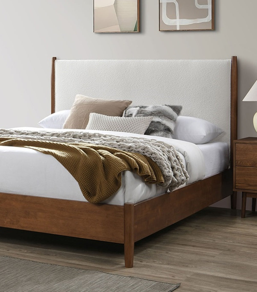 Walnut Color 3pc Bedroom Set Eastern King Size Bed 2x Nightstands Beige Upholstered Fabric Panel HB Mid-Century Modern Style - Grand Goldman Shop