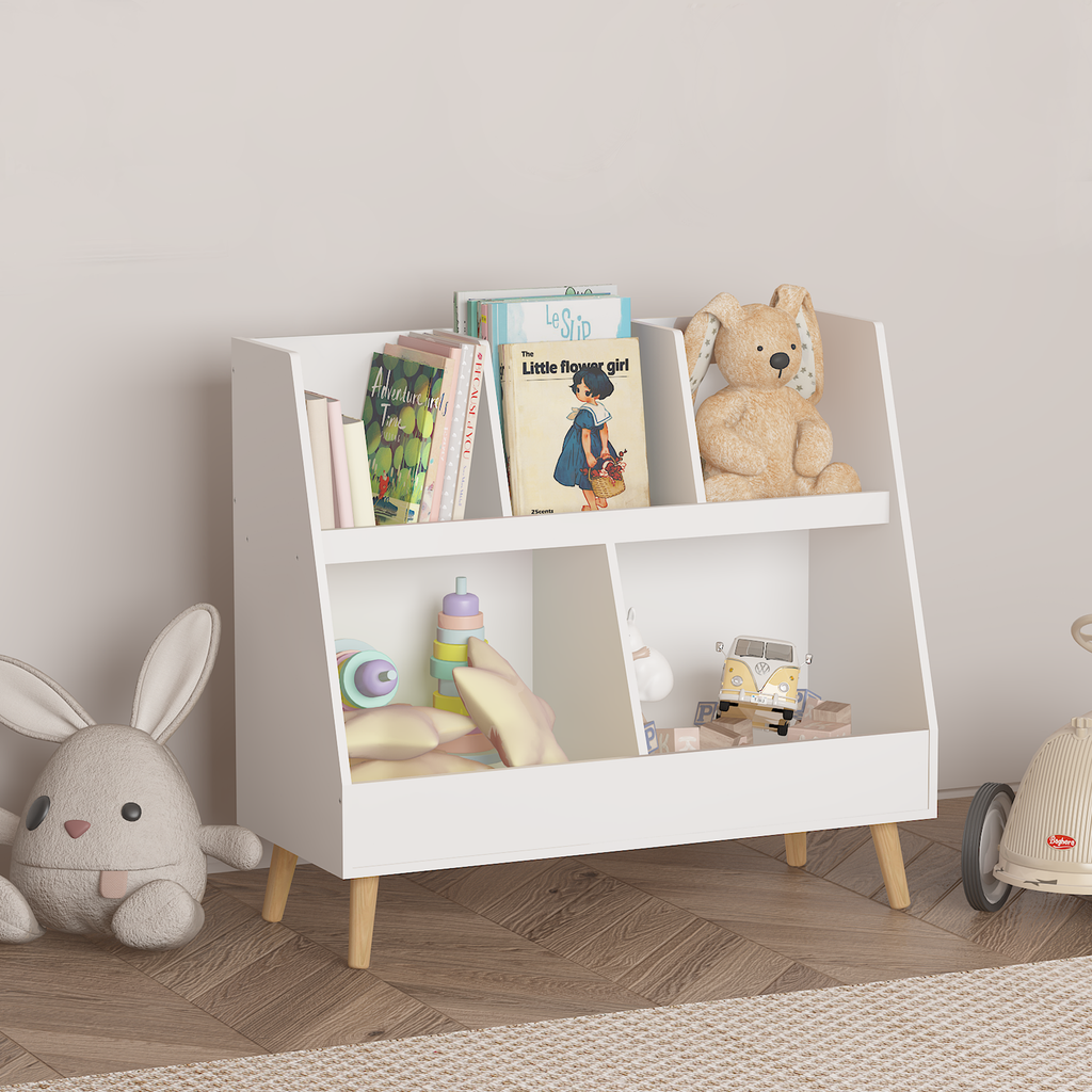 Modern Kids Bookshelf and Toy Organizer with 5 Cubbies, 2-Tier Wooden Open Bookcase, White MDF and Pine Legs - Grand Goldman