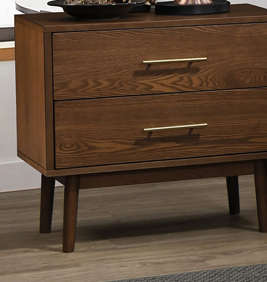 Walnut Color 3pc Bedroom Set Eastern King Size Bed 2x Nightstands Beige Upholstered Fabric Panel HB Mid-Century Modern Style - Grand Goldman Shop